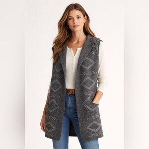 Lineamaglia Wool Blend Hooded Vest Size Large Gray Italian Knit Boho Open Soft